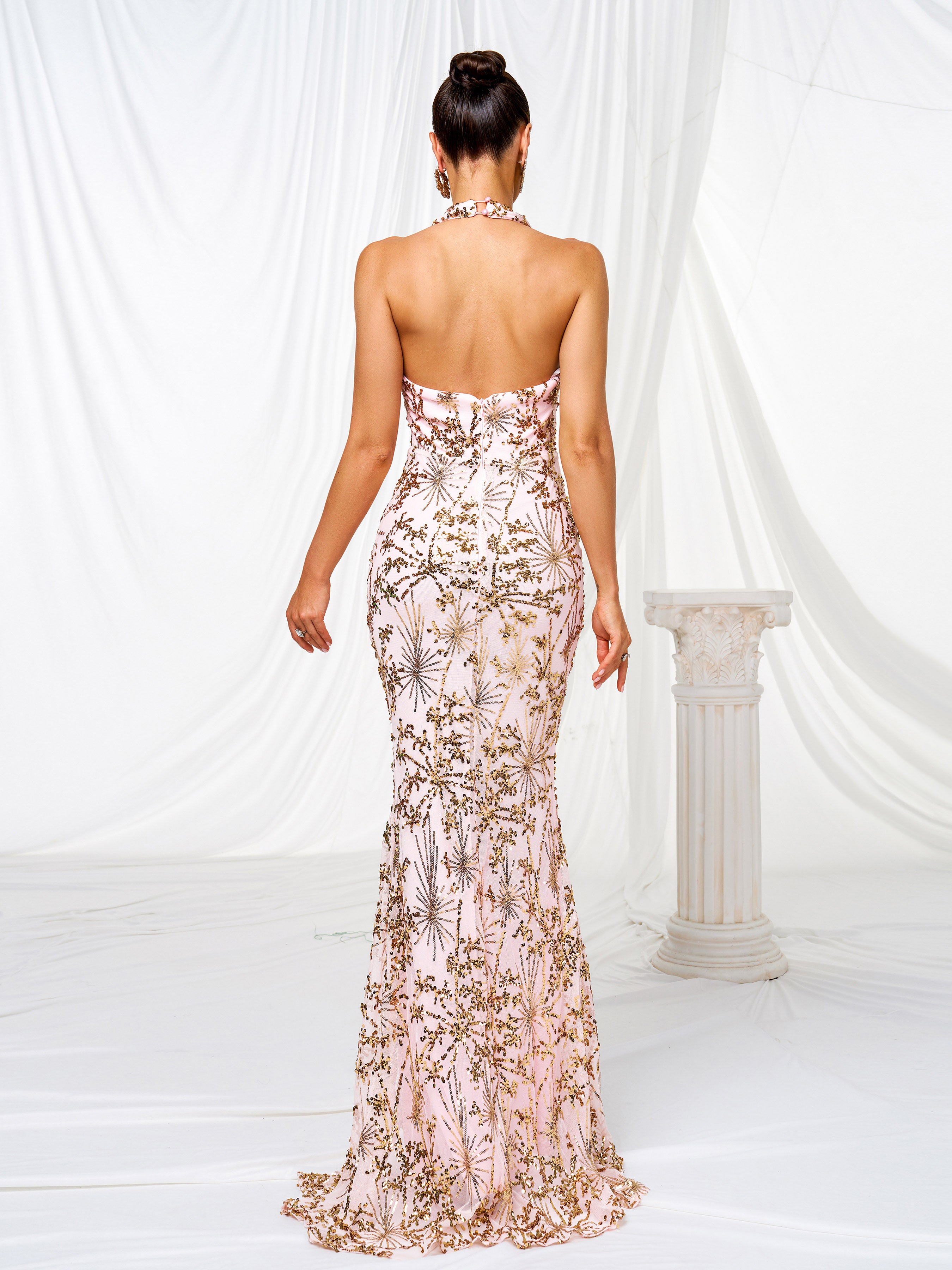 Halter Backless Floral Sequin Prom Dress RJ11645