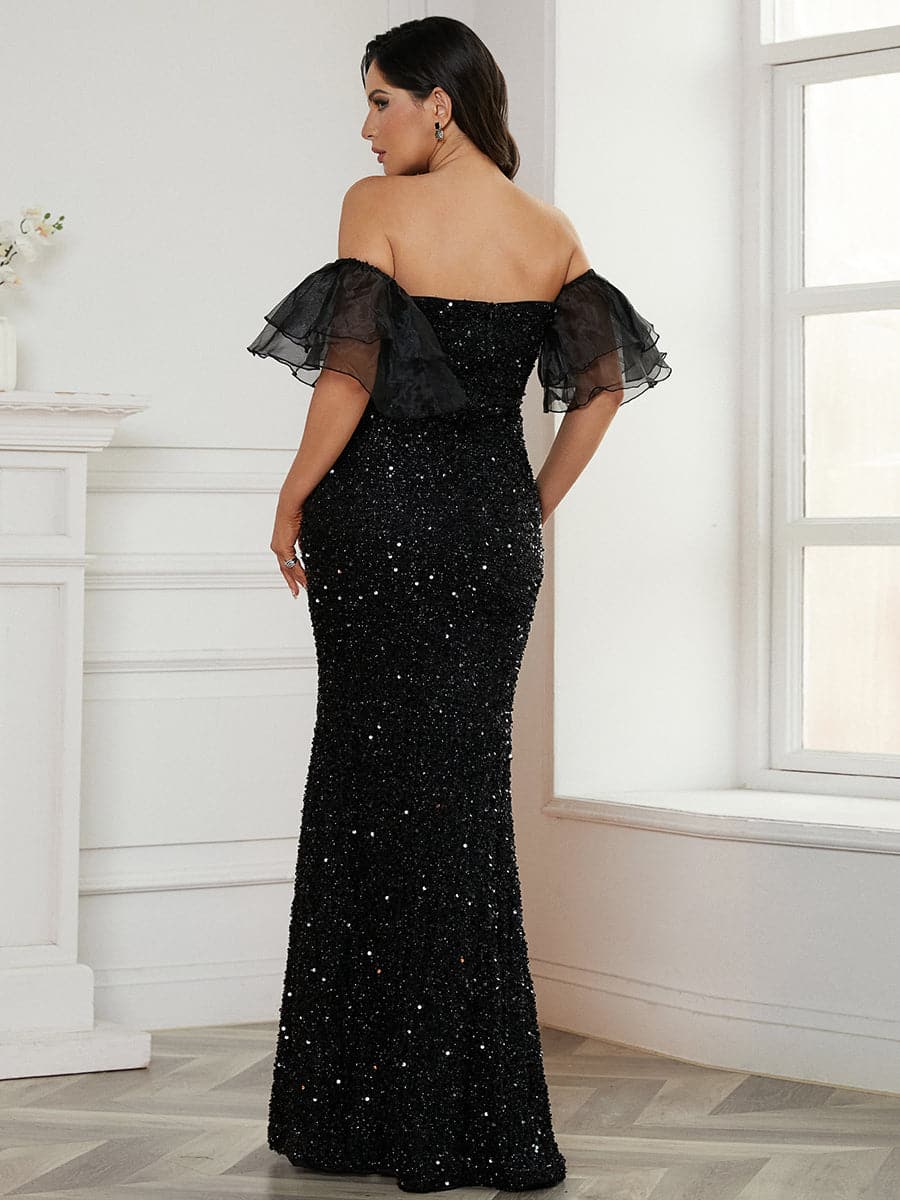 Off Shoulder Black Sequin Prom Dress WY69