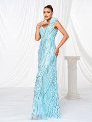 Appliqued Sleeveless Sequin A-line Dress RM21502