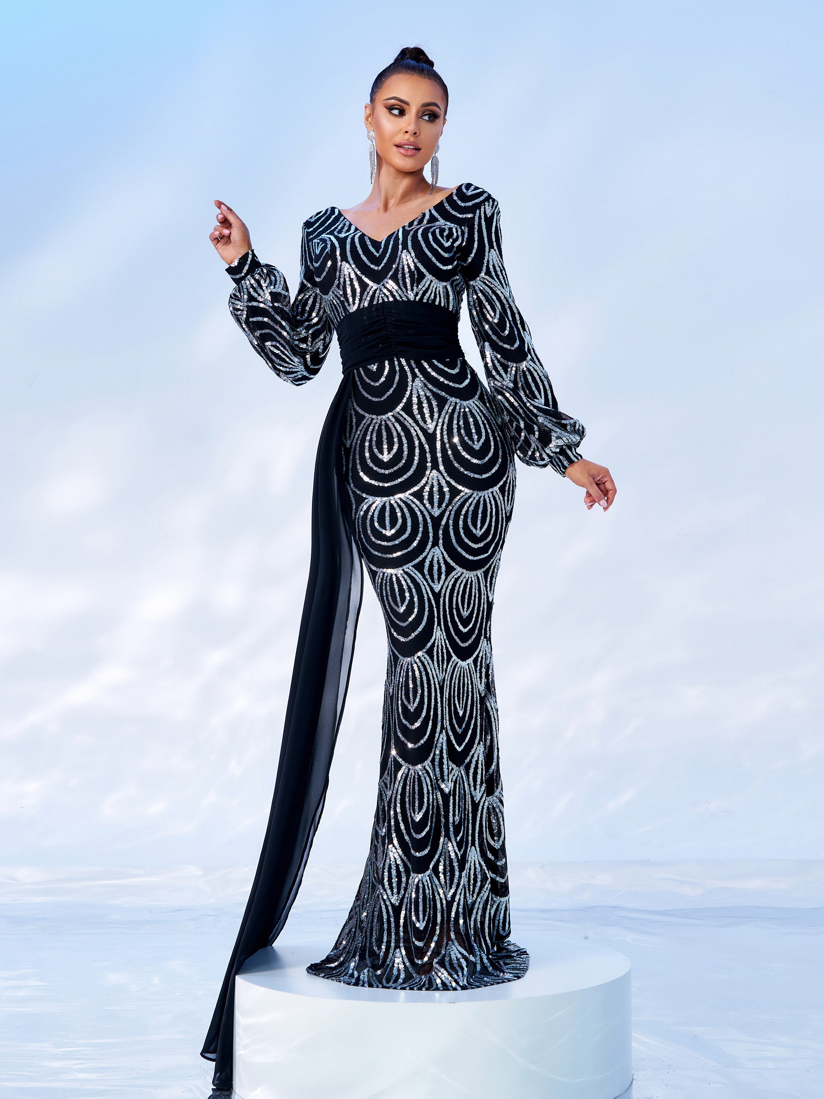 Formal Draping Sequin Long Sleeve Dress XJ1524