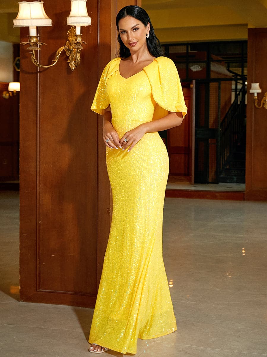 Puncho Back Puff Sleeve Yellow Sequin Evening Dress XH2266