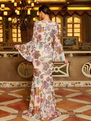 MISSORD V-neck Bell Sleeve Print Prom Dress