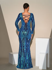 Lace Back Blue Sequin Mermaid Dress RJ11849