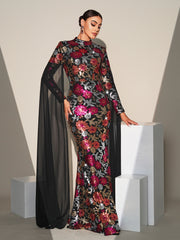 High Collar Floral Multicolor Evening Dress MES00573