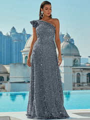 One Shoulder Mermaid Hem Sequin Grey Formal Dress XJ913