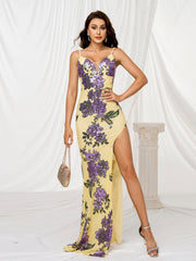 Spaghetti Split Floral Sequin Dress RJ11354