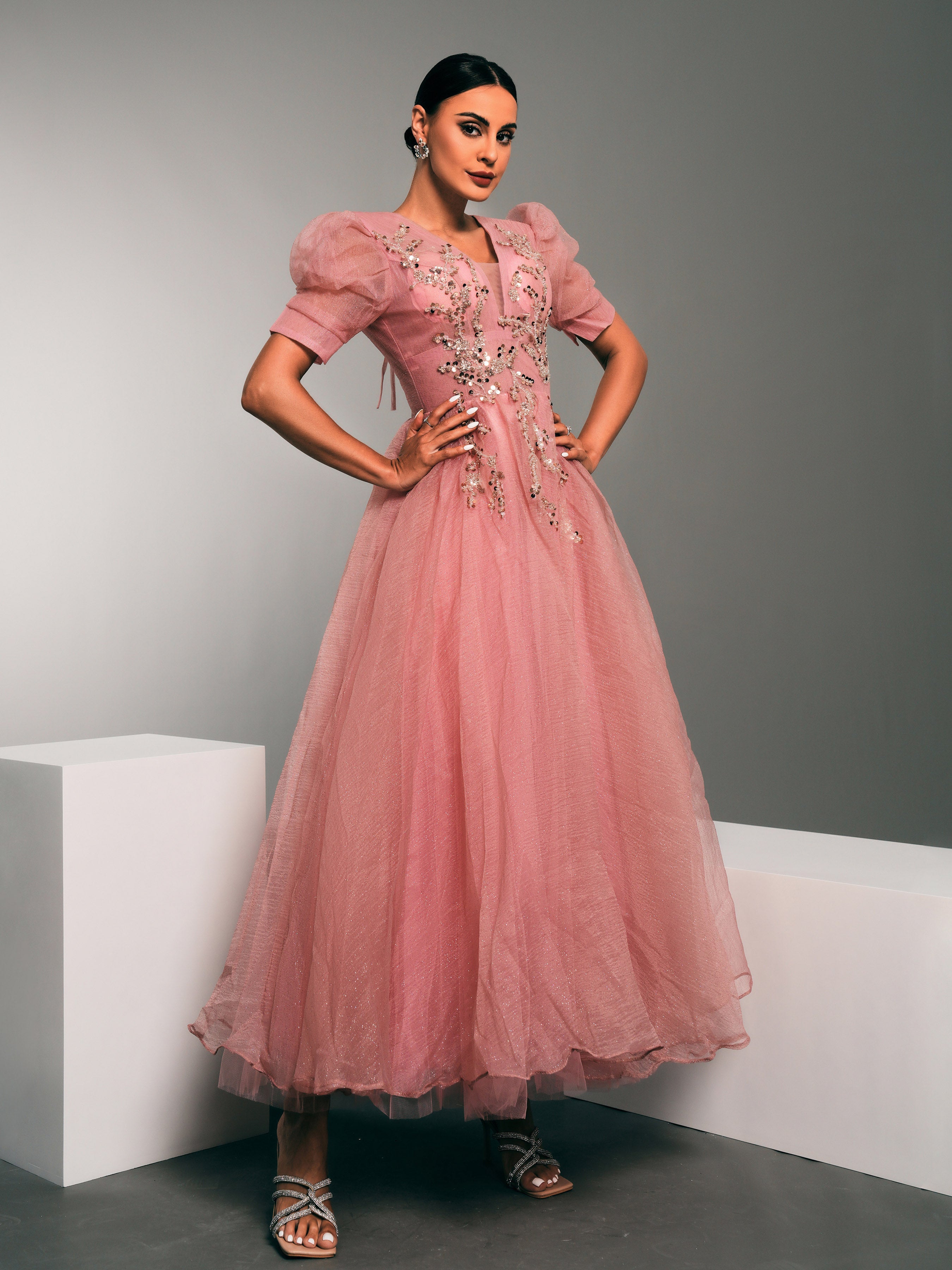 Bubble Sleeve Sequin Pink Princess Dress GM90040