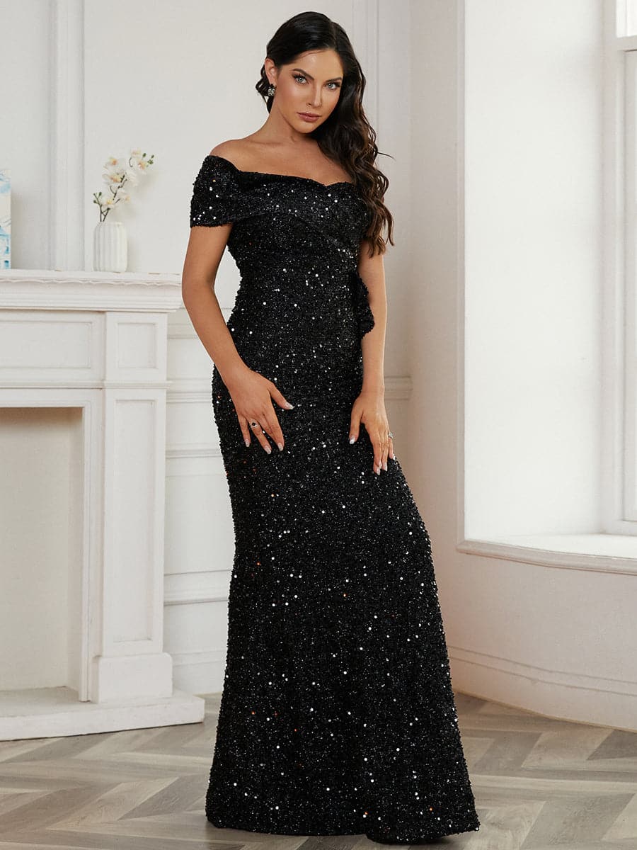 One Shoulder Ruffle Wrap Maxi Sequin Formal Dress WY46 MISS ORD