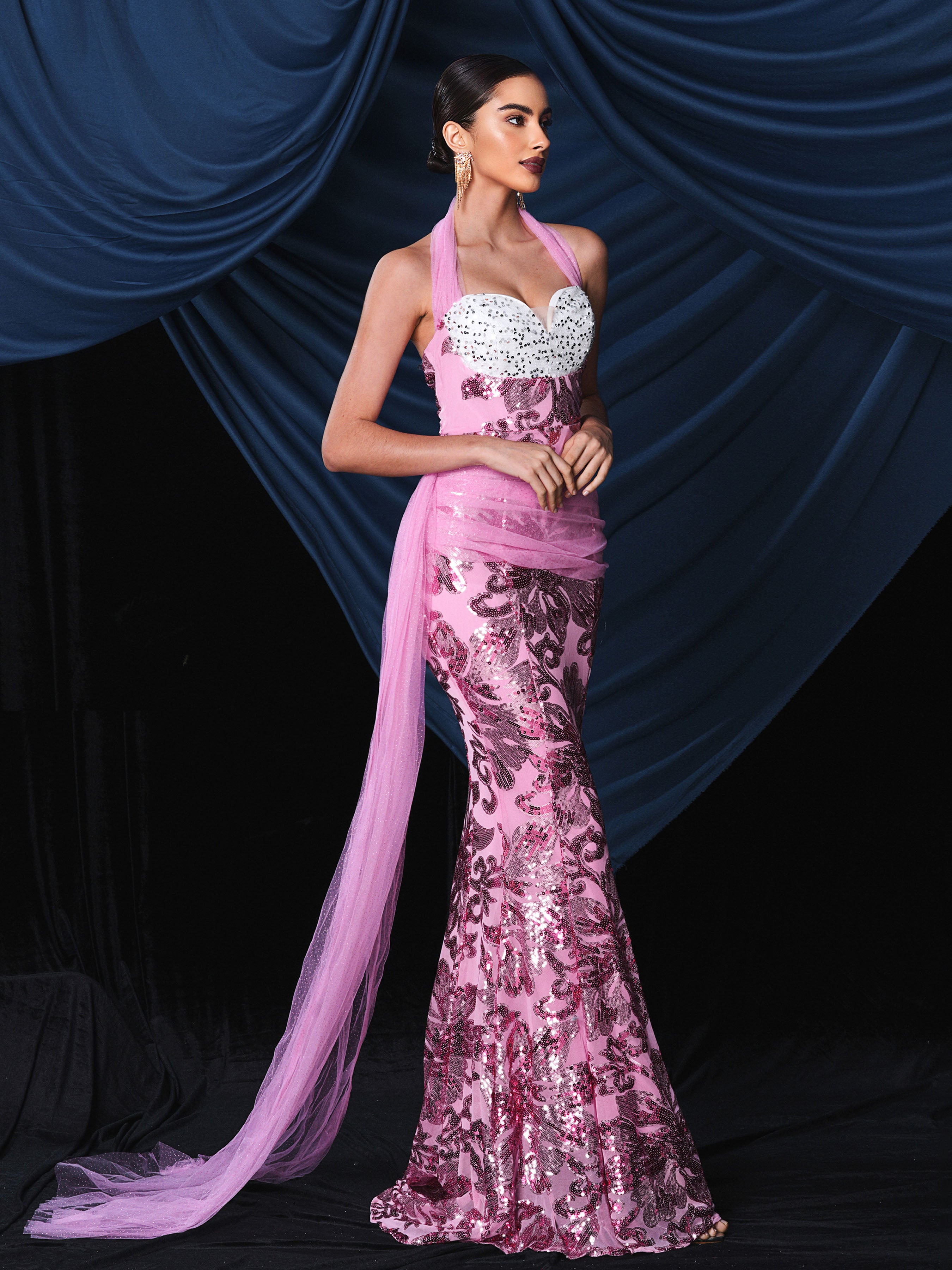 Halter Floral Sequin Evening Dress RM21420