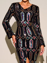 Long Sleeve Geometric Sequin Split Dress MES00527