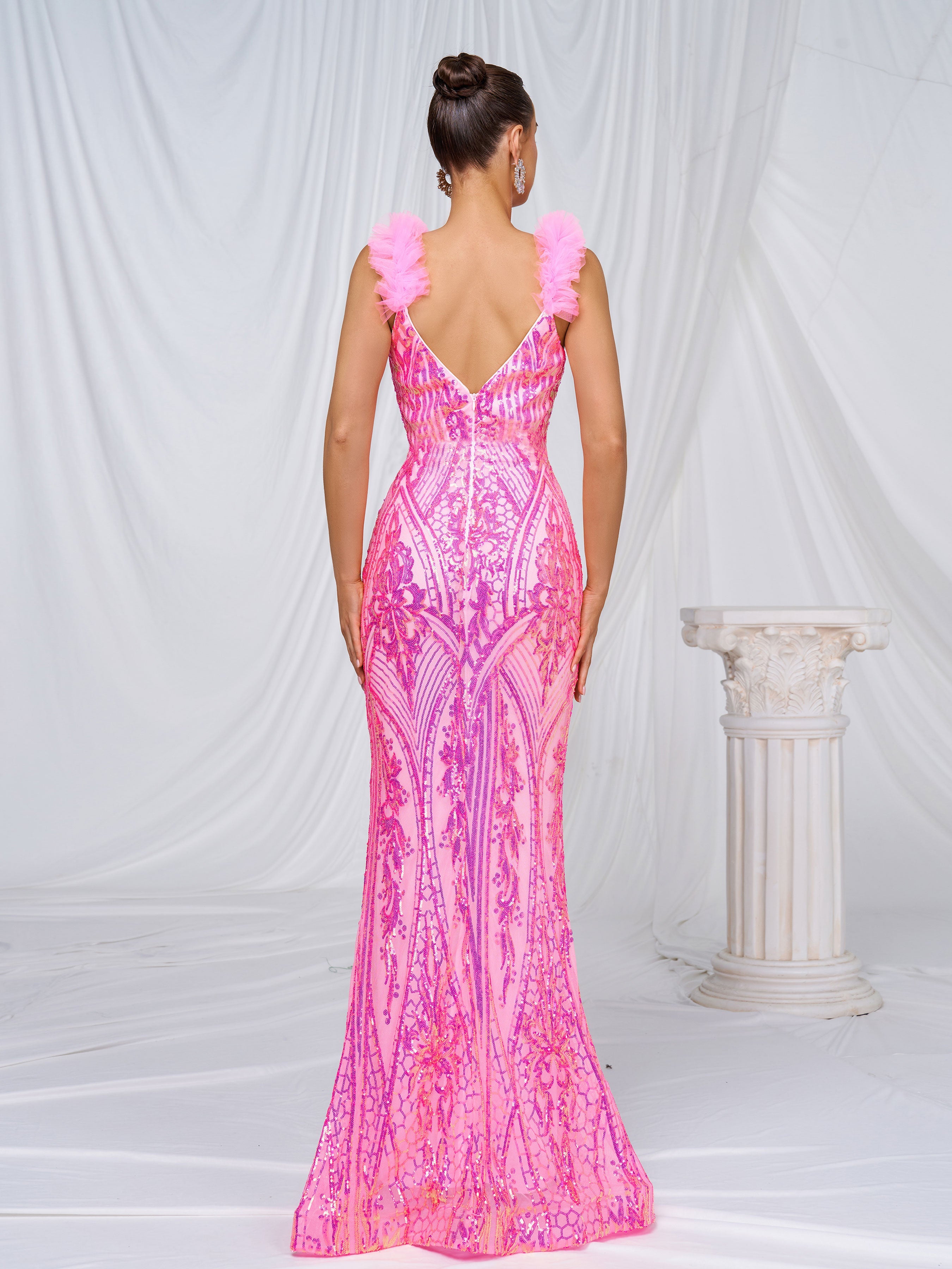 Mesh Straps Pink Sequin Maxi Dress RJ11642