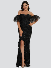 Off Shoulder Black Sequin Prom Dress WY69