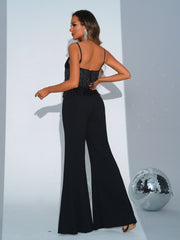 MISSORD Spaghetti Straps Fringed Backless Black Jumpsuits