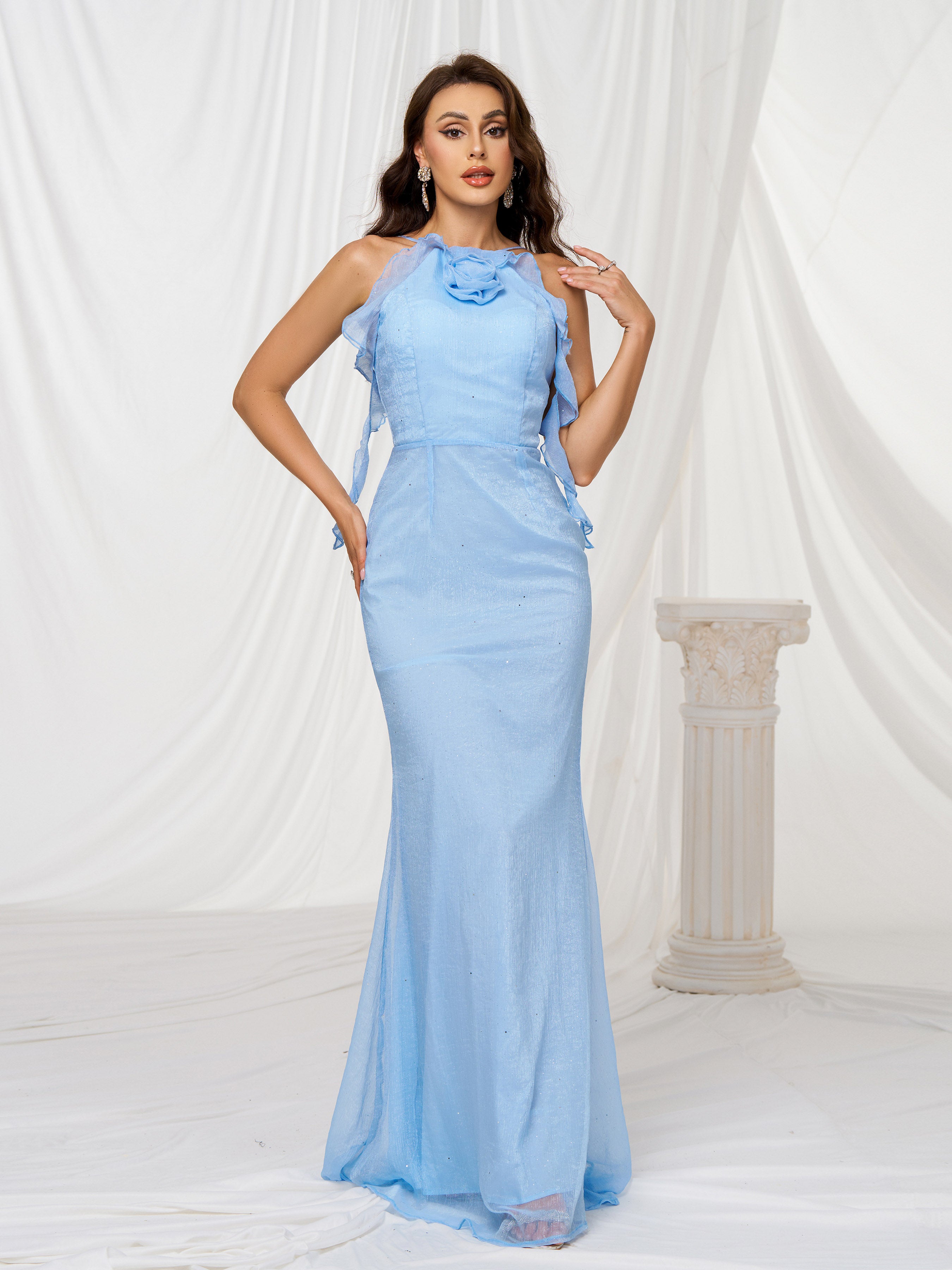 Halter Appliqued Mermaid Blue Tulle Dress RX70002