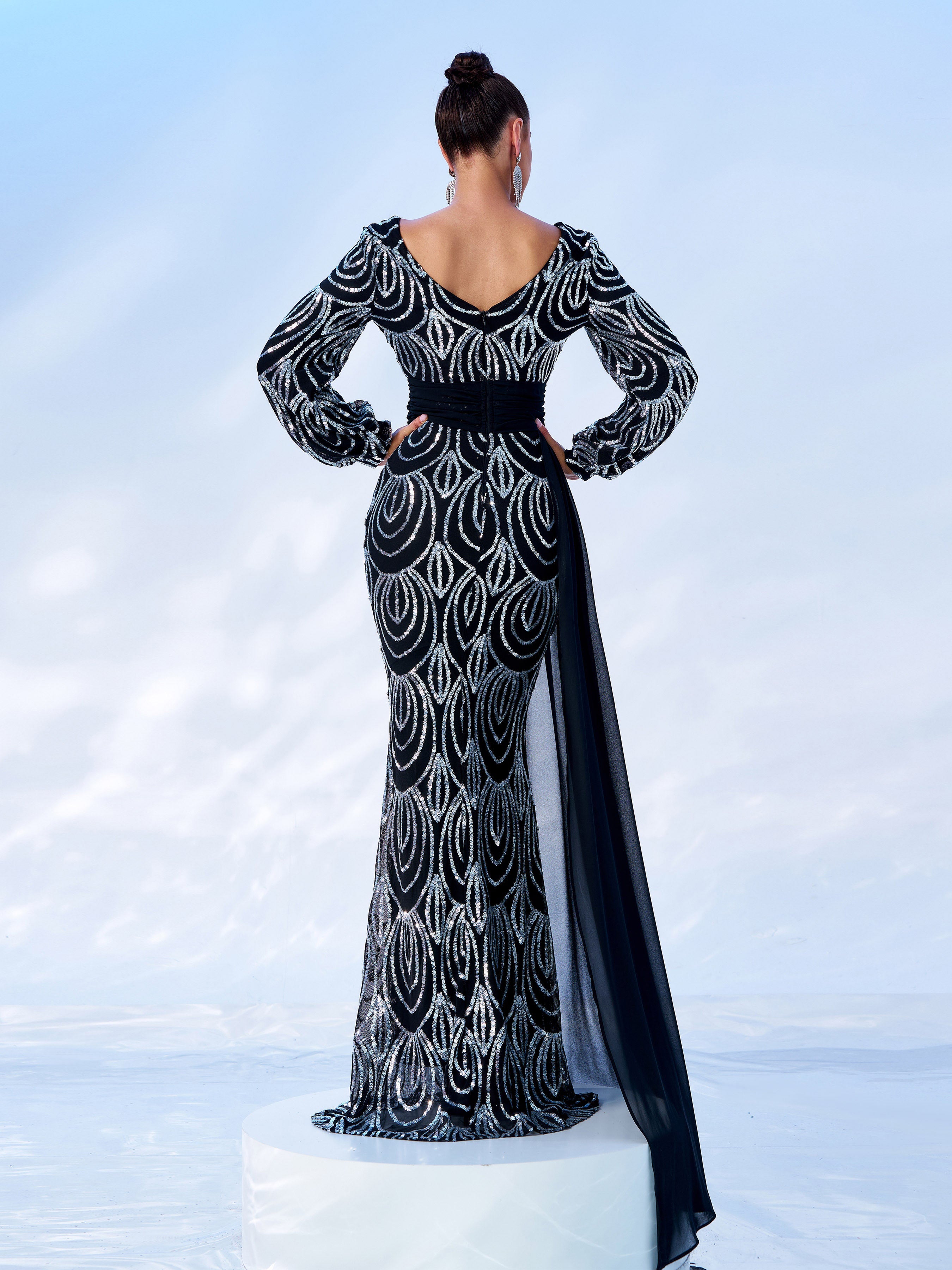 Formal Draping Sequin Long Sleeve Dress XJ1524