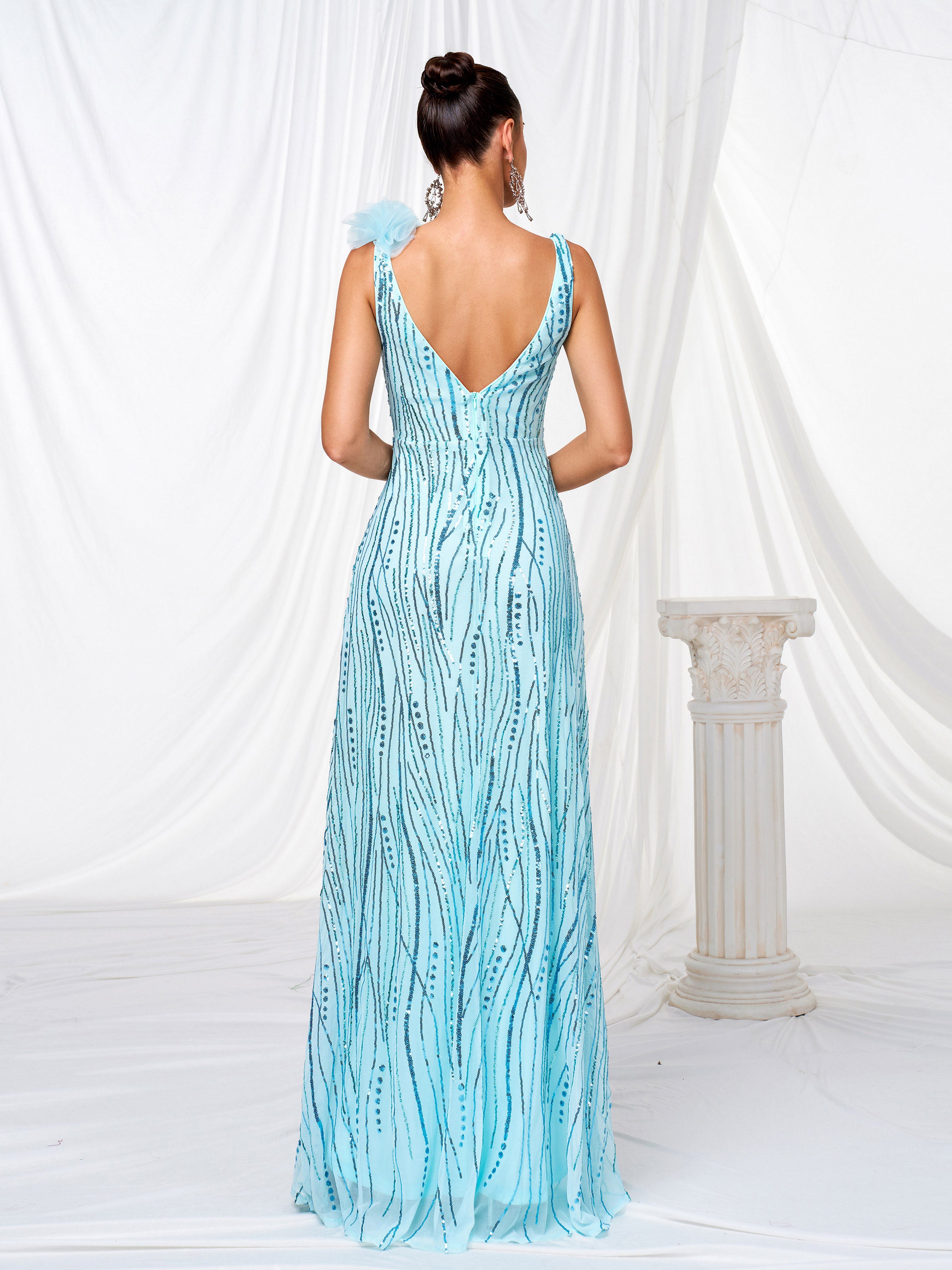 Appliqued Sleeveless Sequin A-line Dress RM21502