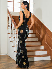 Black V-neck Sequin Floral Prom Dress XJ1986