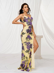 Spaghetti Split Floral Sequin Dress RJ11354