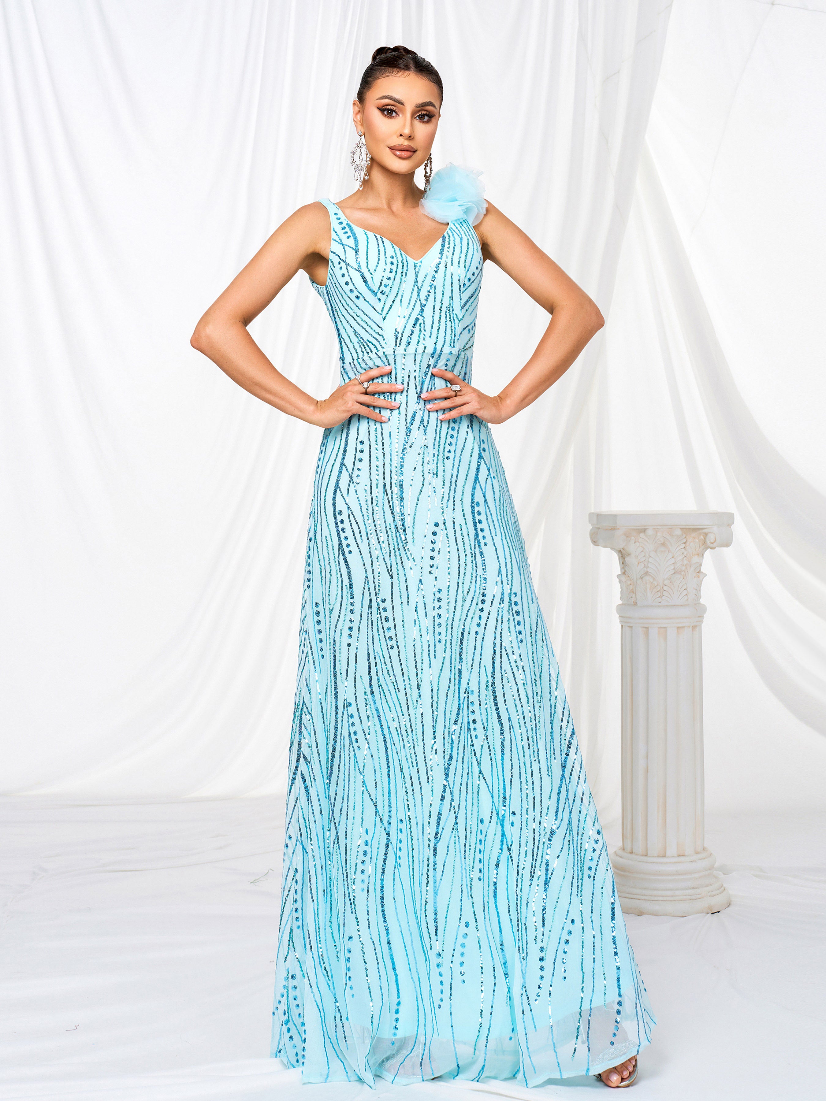 Appliqued Sleeveless Sequin A-line Dress RM21502