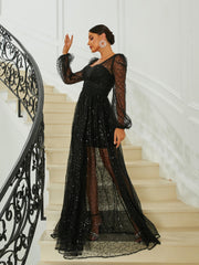 Sweetheart Lantern Sleeve Tulle Black Evening Dress RA60074