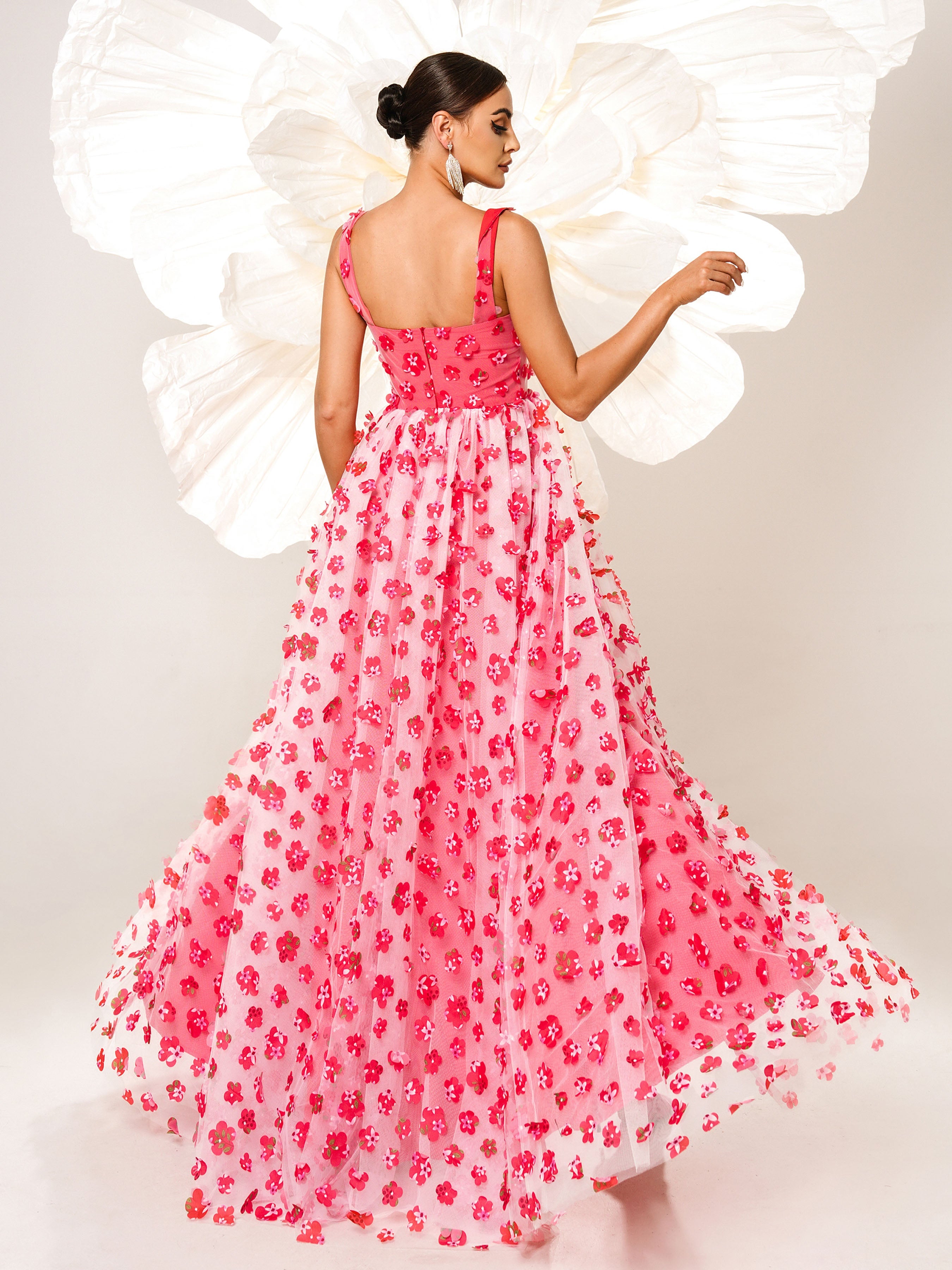 Appliqued Pink Camisole Floral Tulle Dress GM00142