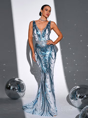 V-neck Sleeveless Mermaid Blue Sequin Formal Dress RM21551