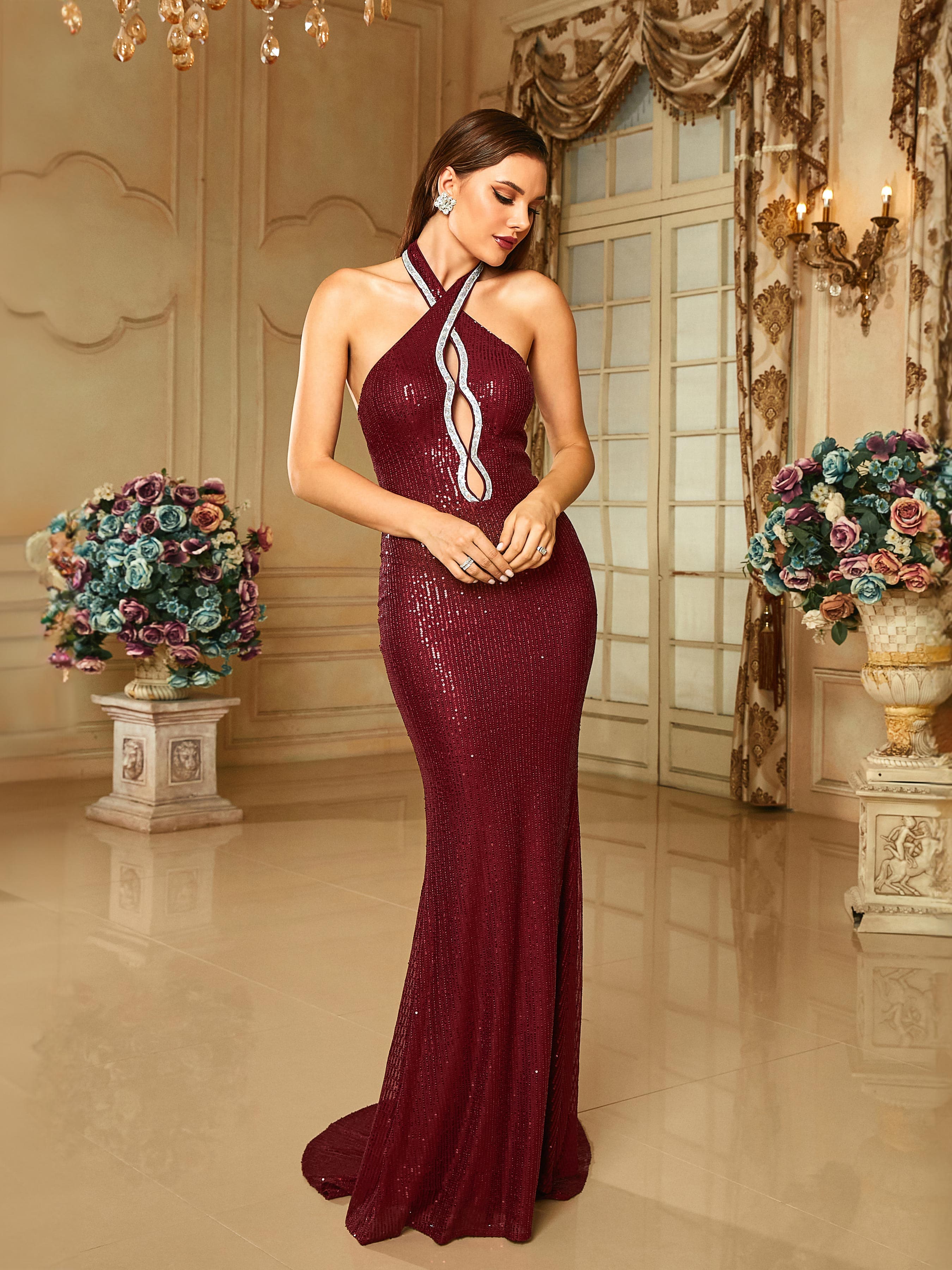 Formal Halter Neck Cutout Burgundy Sequin Mermaid Dress RJ10379