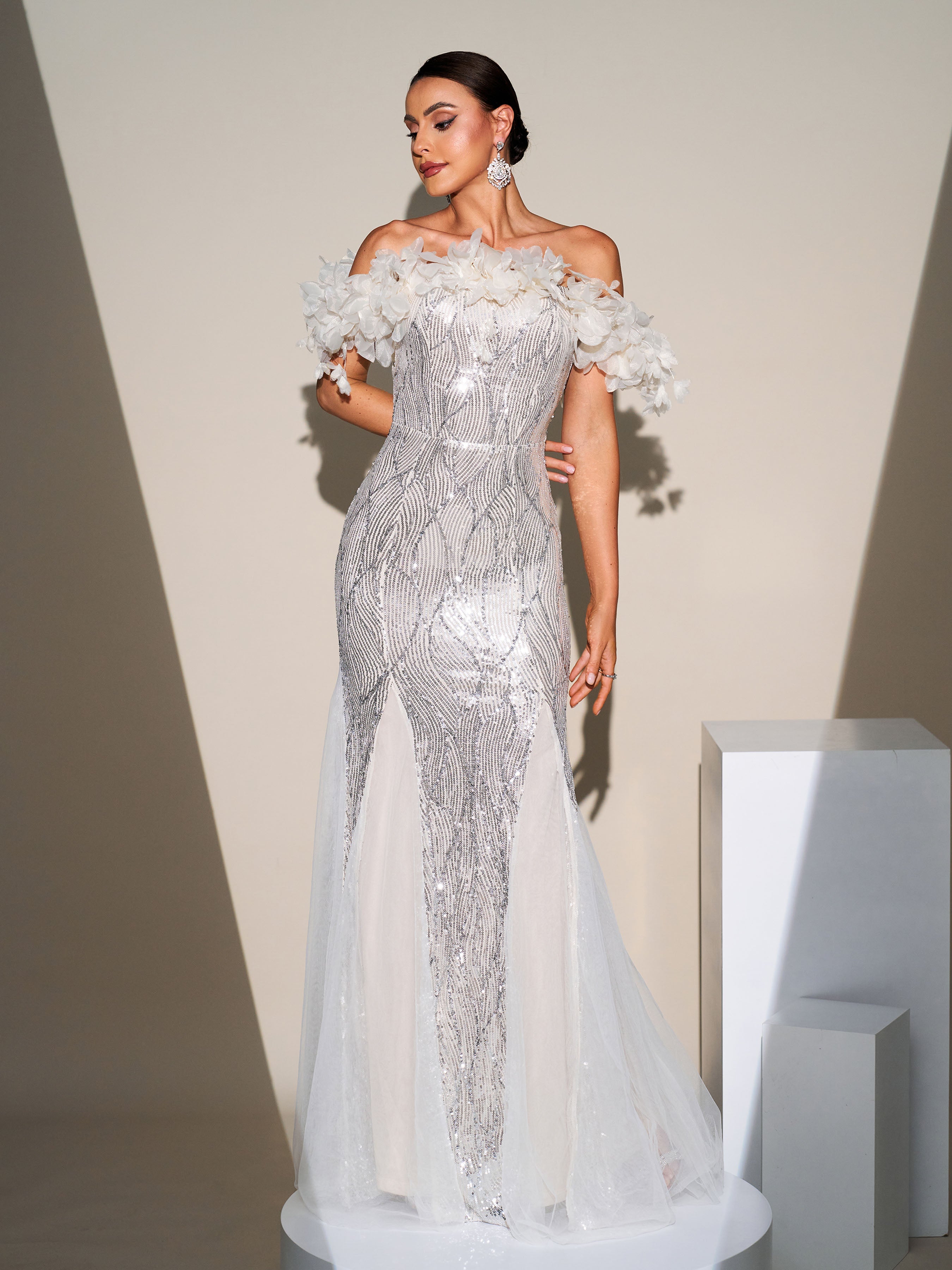 Off Shoulder Appliqued Sequin Mermaid Dress RJ11867