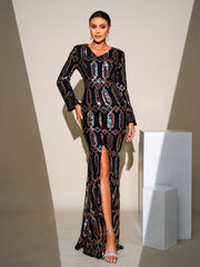 Long Sleeve Geometric Sequin Split Dress MES00527