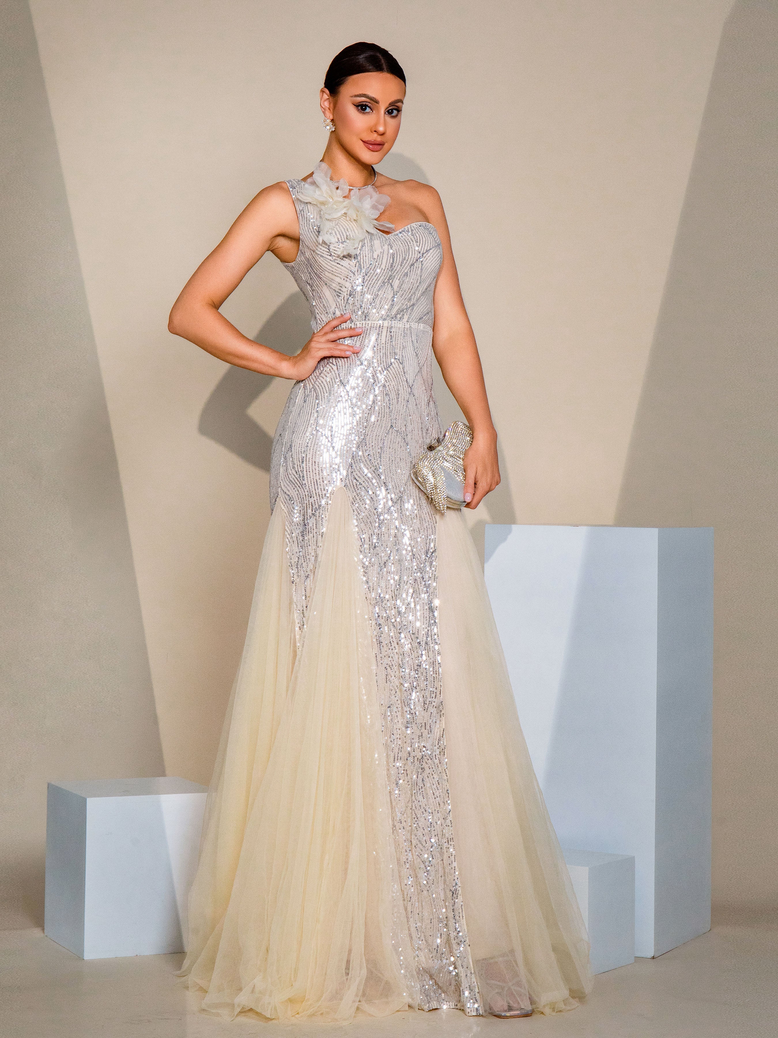 One Shoulder Applique Wedding Guest Dress RH31195