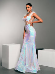 Feather Straps Corset Sequin Mermaid Dress GM90033