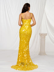 Spaghetti Straps High Split Yellow Sequin Soft Gown RM21614