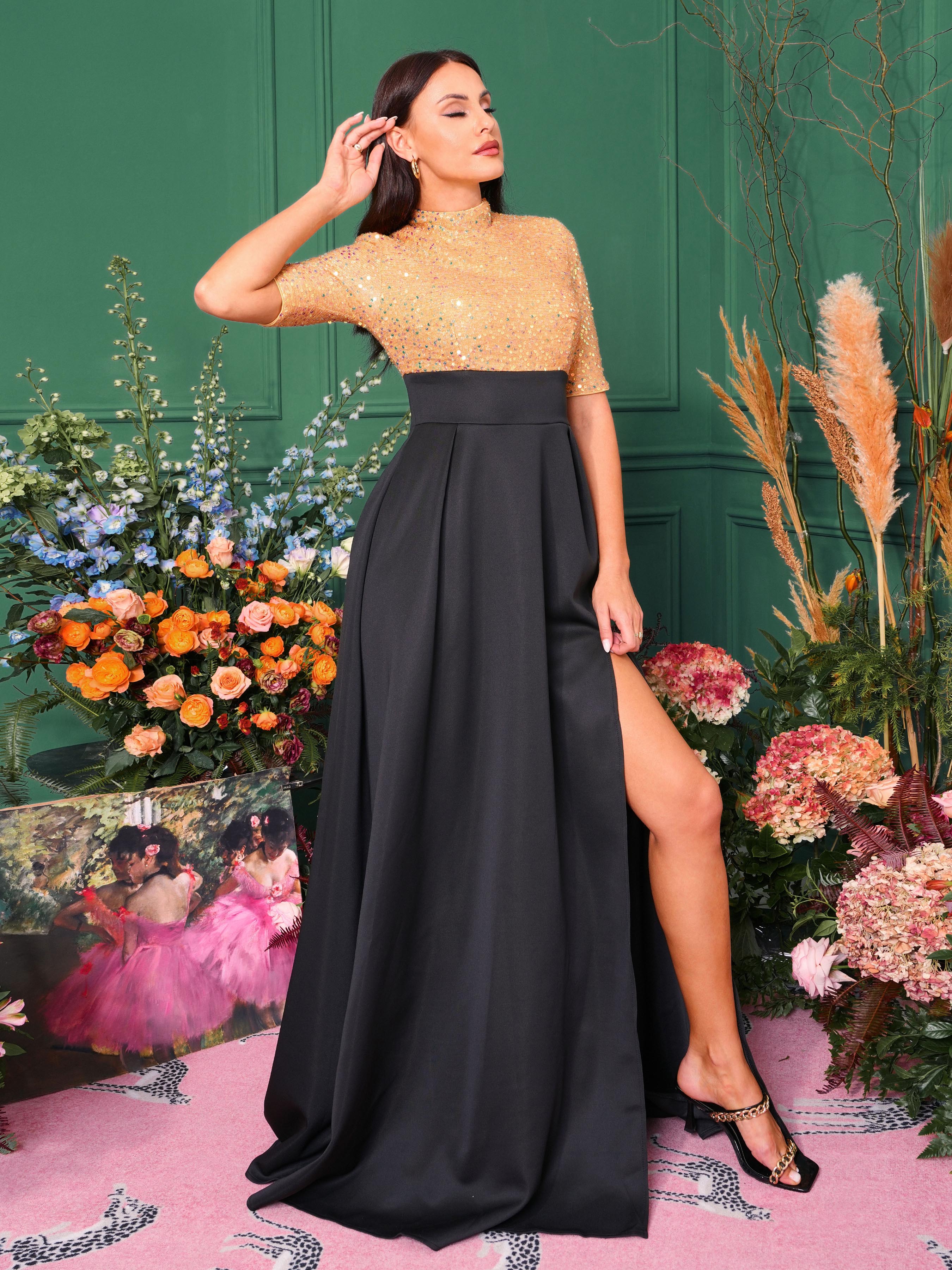 Stand Collar Panel A-Line Pleated Split Prom Dress RM20496