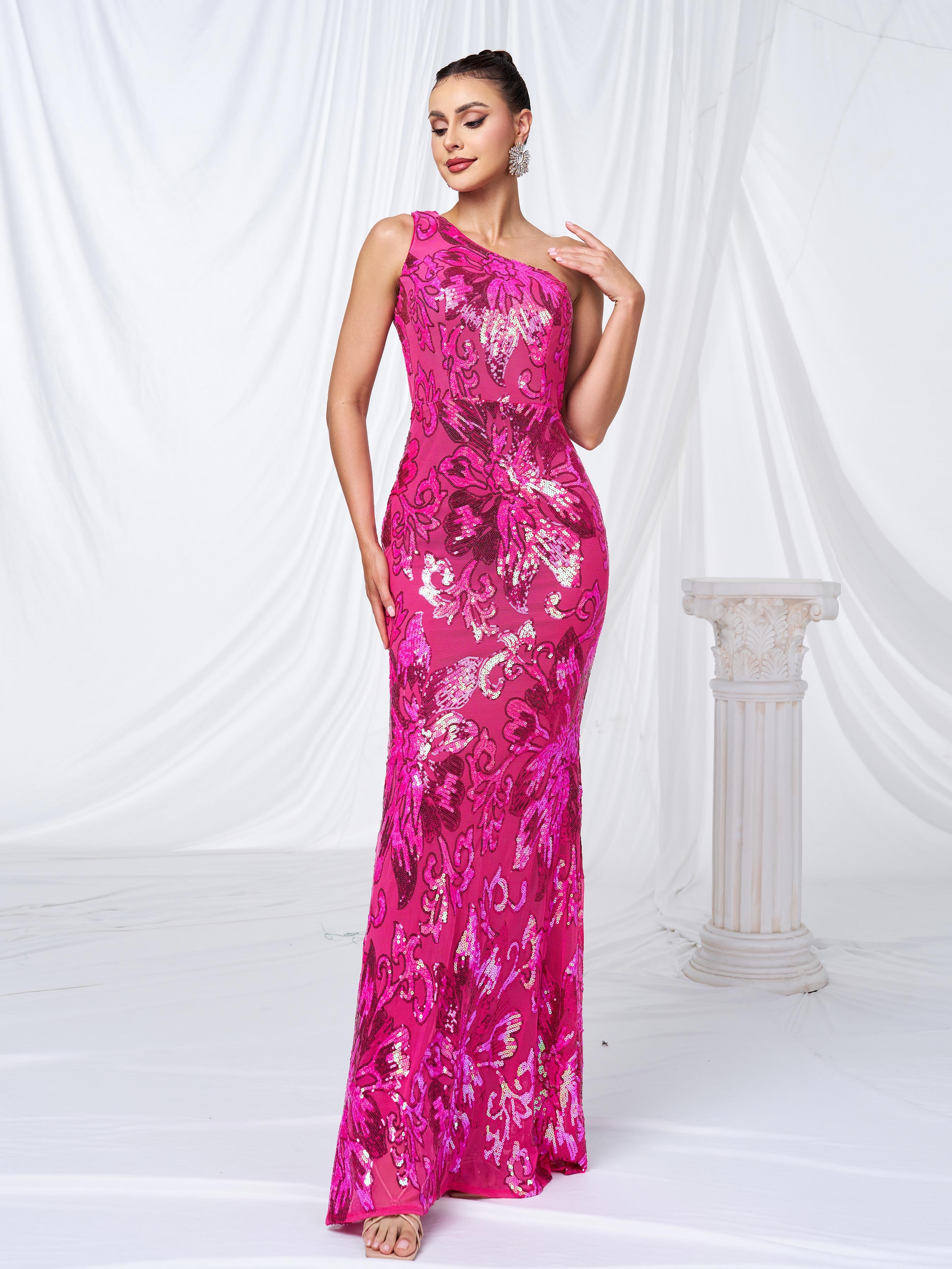 One Shoulder Mermaid Sequin Maxi Dress RJ10978