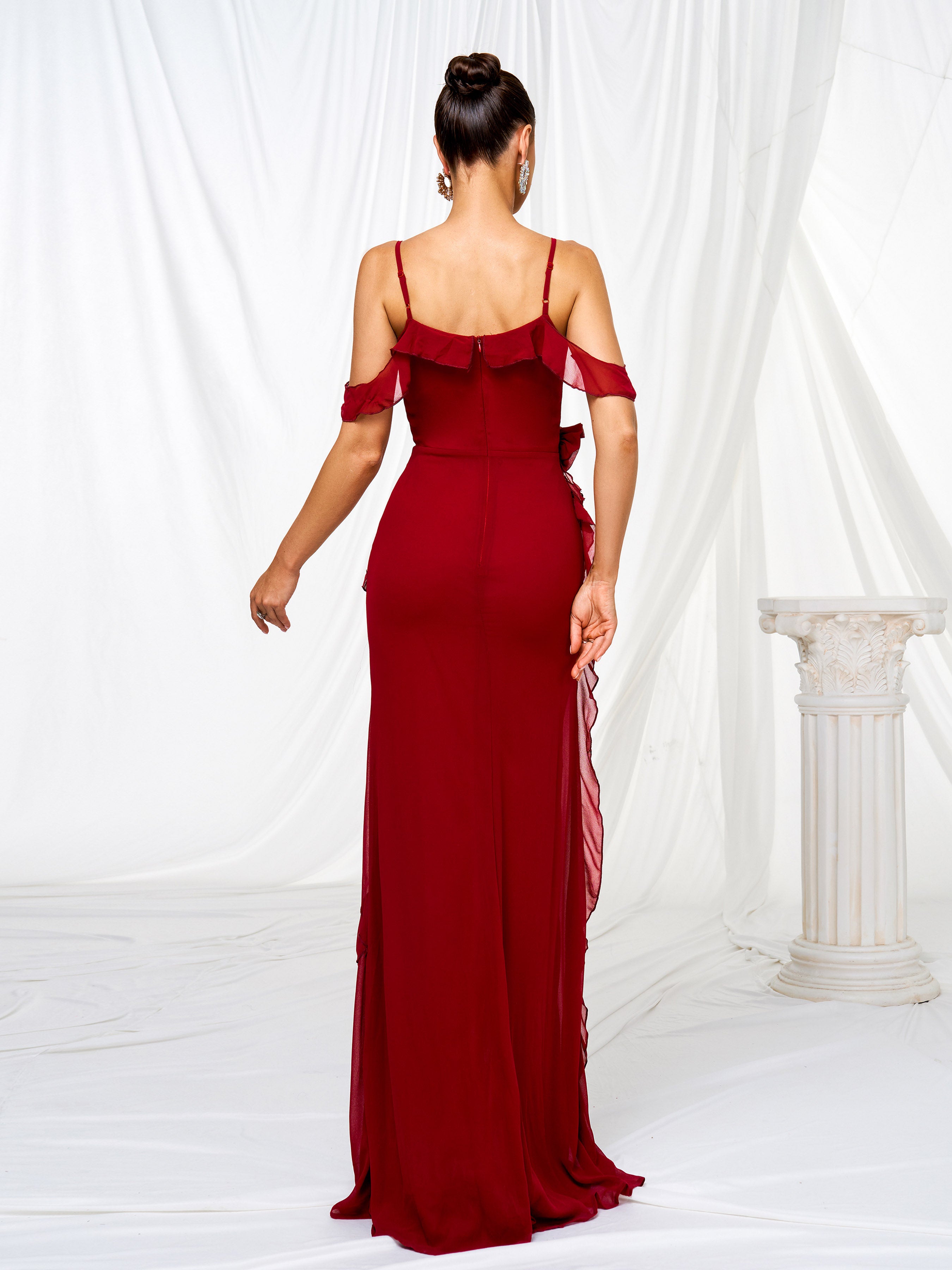 Cold Shoulder Appliqued Ruffled Split Dress RJ11486