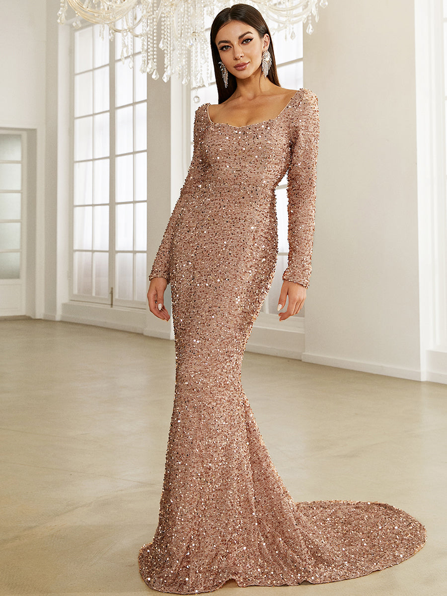 Square Neck Glitter Mermaid Evening Dress XJ429