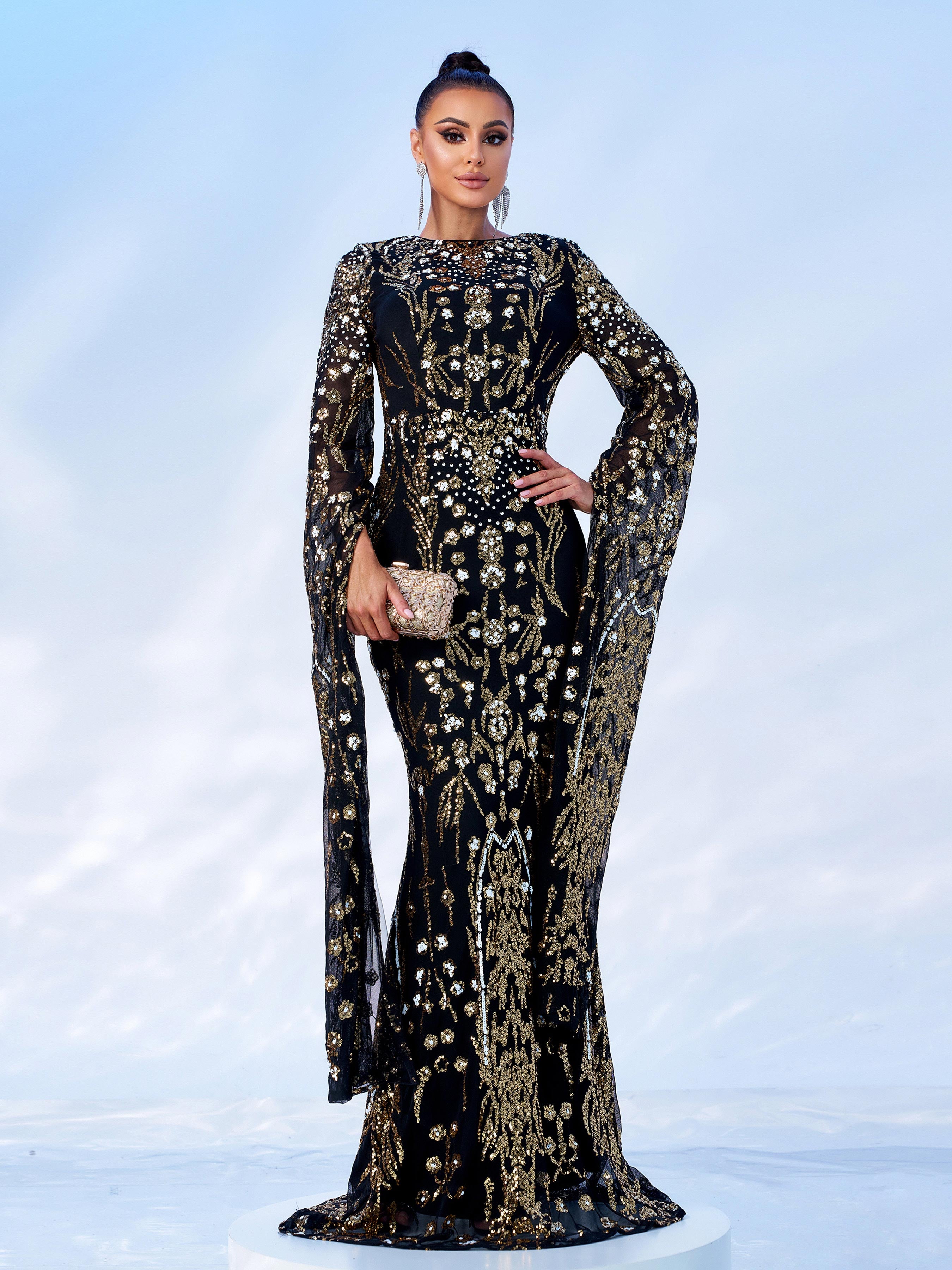 Long Sleeve Mermaid Sequin Maxi Dress MES00404