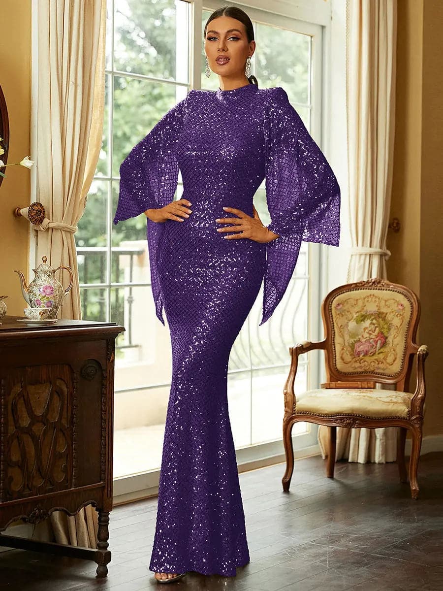 Glitter Bell Sleeve Elegant Mermaid Prom Dress XJ1263