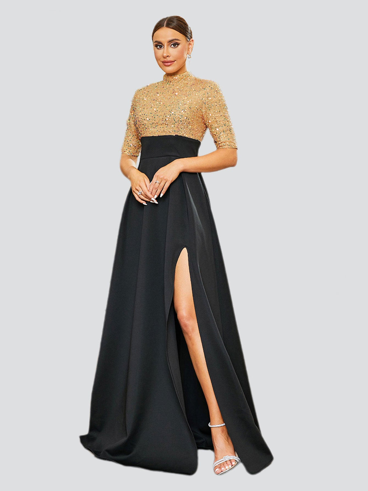 Stand Collar Panel A-Line Pleated Split Prom Dress RM20496