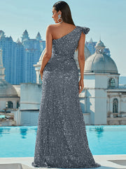 One Shoulder Mermaid Hem Sequin Grey Formal Dress XJ913