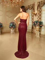 Formal Halter Neck Cutout Burgundy Sequin Mermaid Dress RJ10379