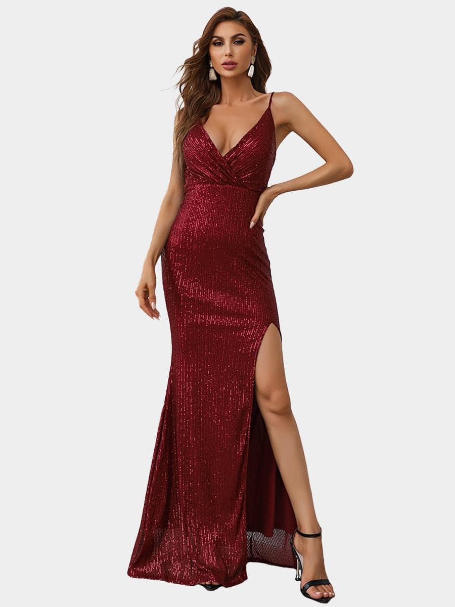 Deep V-Neck Sequins Red Maxi Cami Dress M01224 MISS ORD