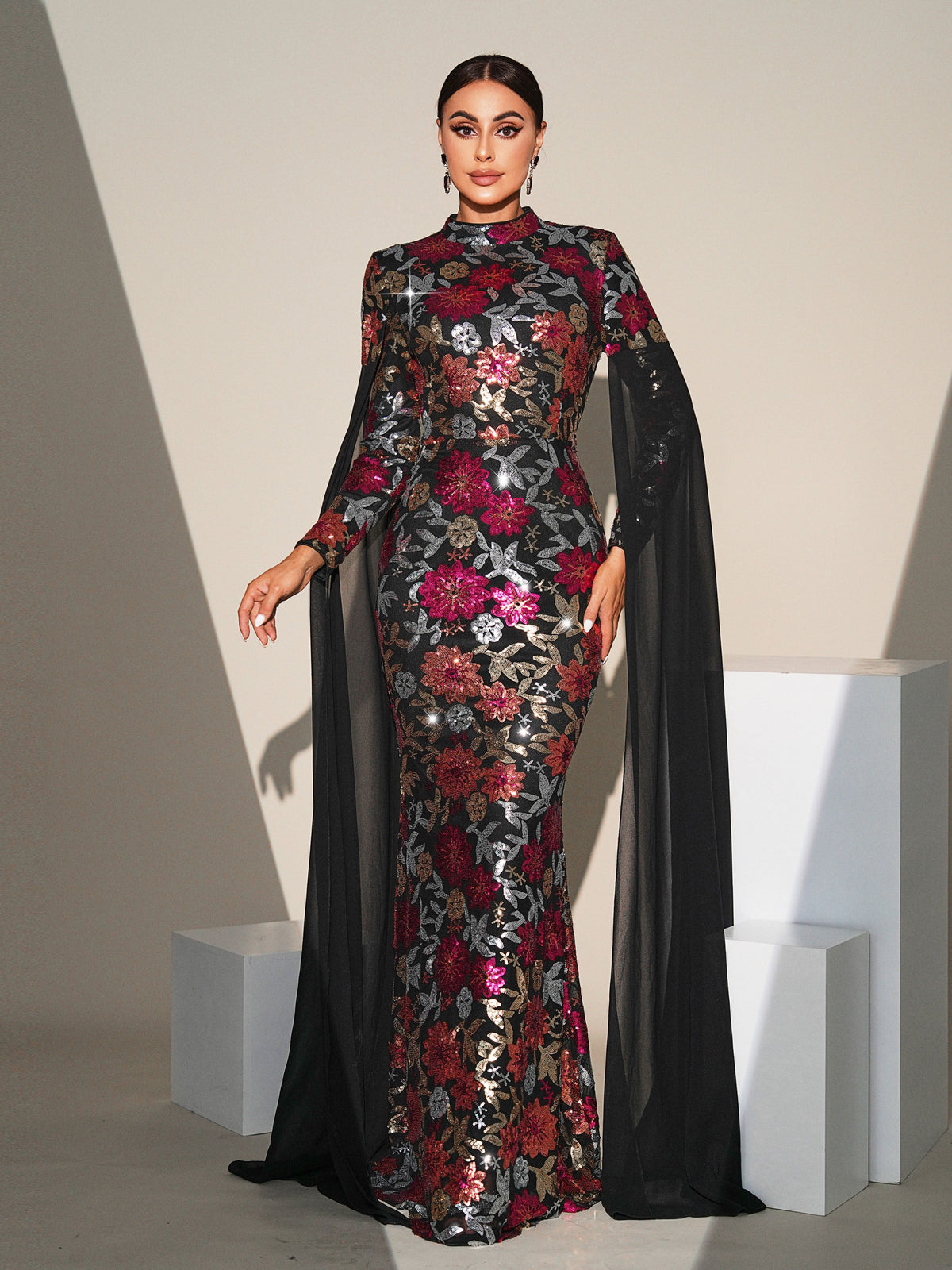 High Collar Floral Multicolor Evening Dress MES00573