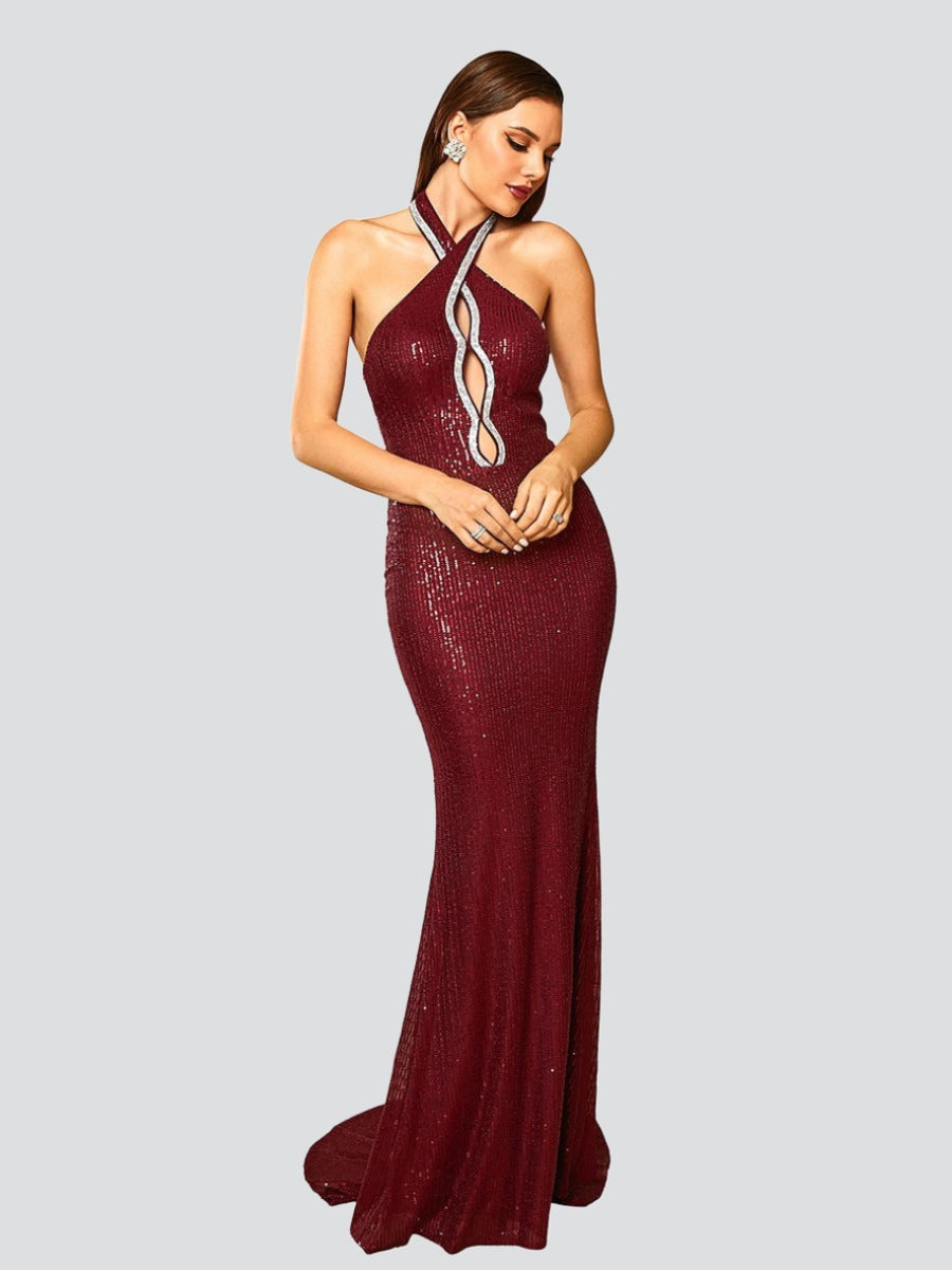 Formal Halter Neck Cutout Burgundy Sequin Mermaid Dress RJ10379