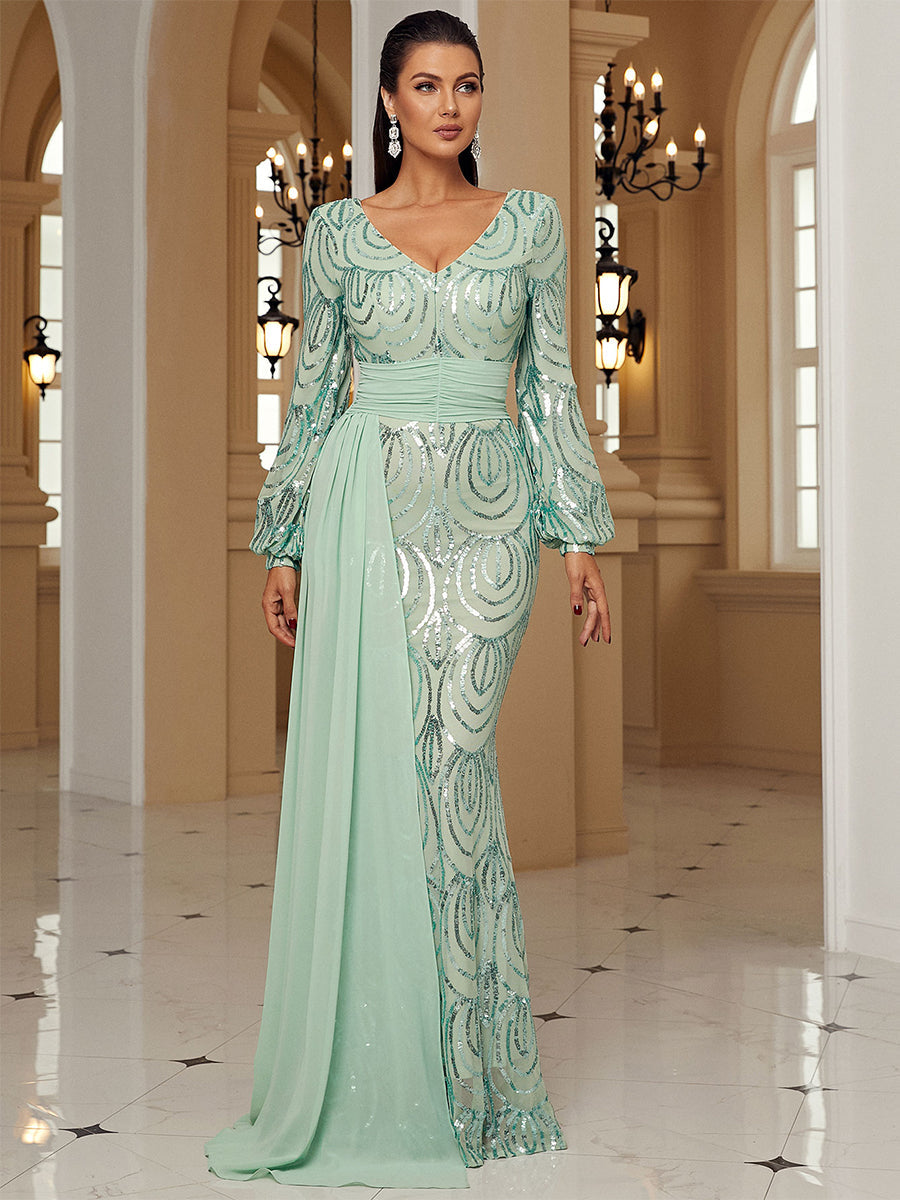 Formal Draping Sequin Long Sleeve Dress XJ1524