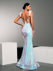 Feather Straps Corset Sequin Mermaid Dress GM90033