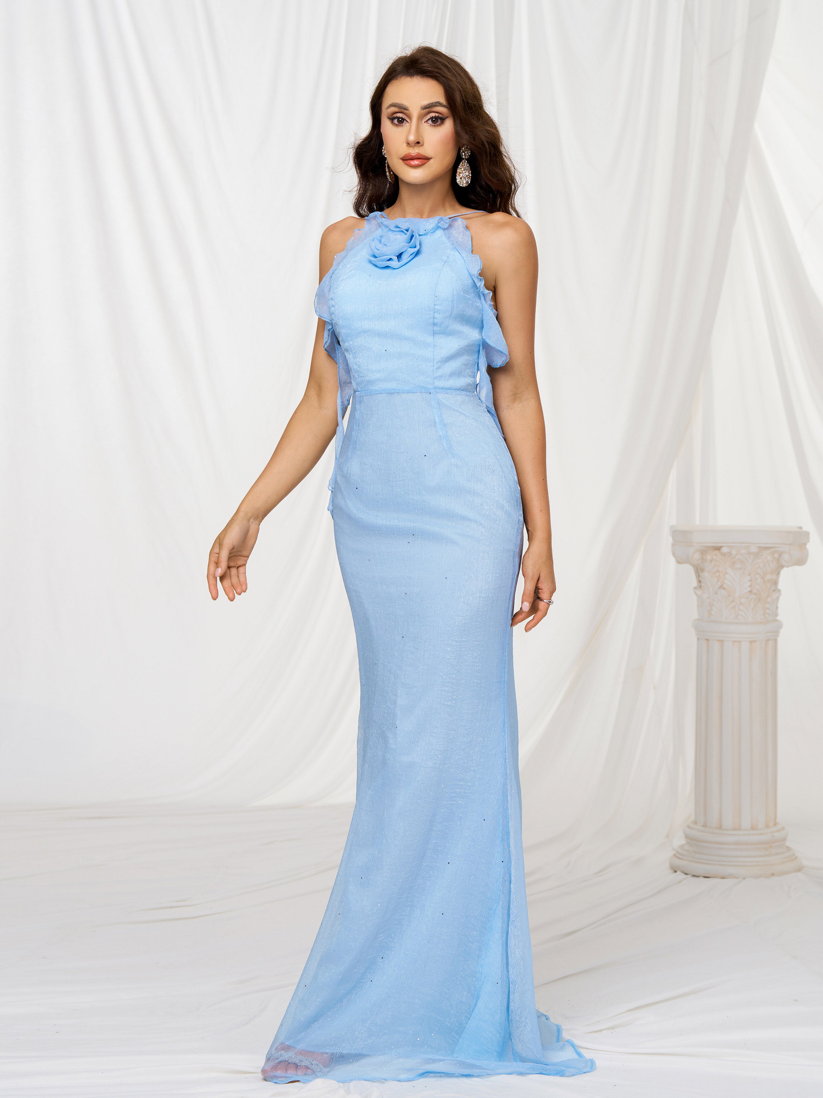 Halter Appliqued Mermaid Blue Tulle Dress RX70002