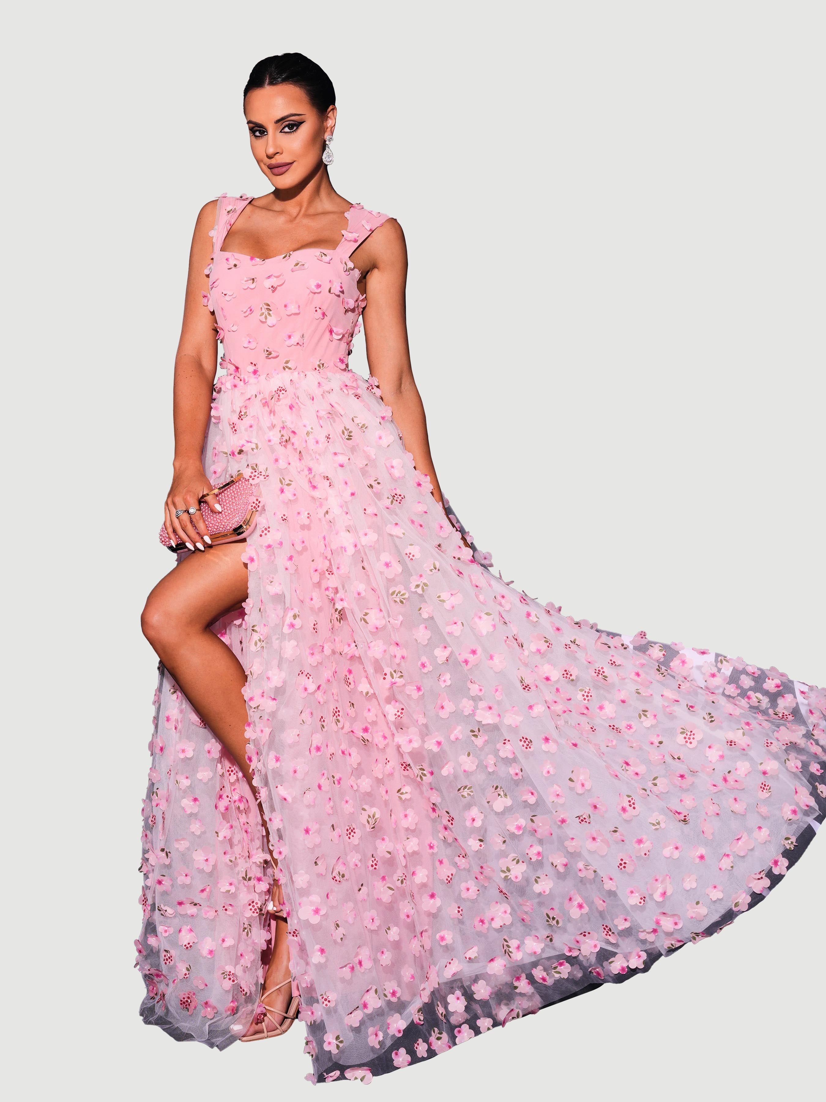 Appliqued Pink Camisole Floral Tulle Dress GM00142