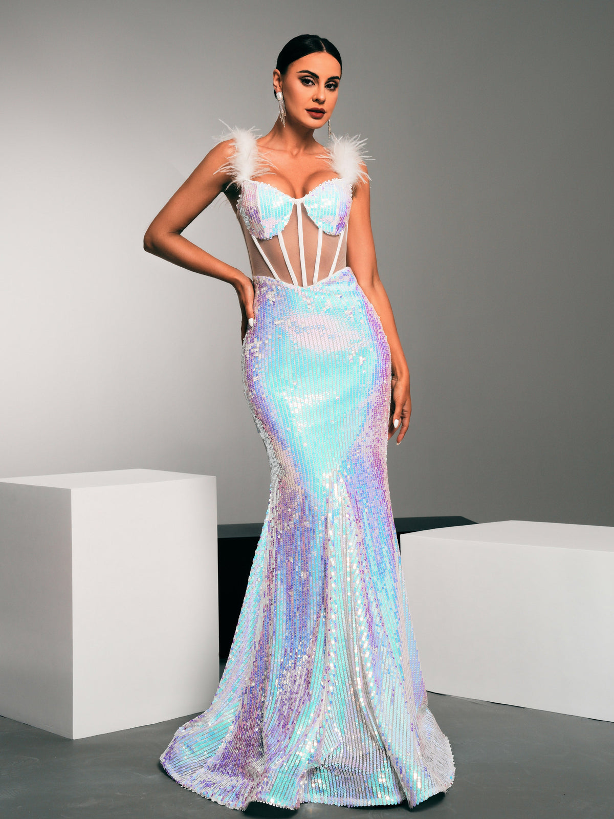 Feather Straps Corset Sequin Mermaid Dress GM90033